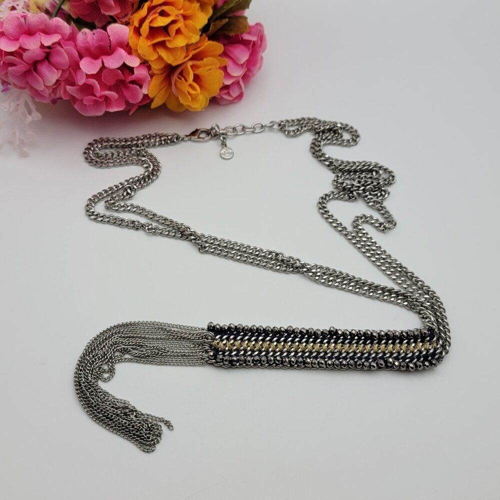 Stella & Dot Gold Gunmetal Silver Three Tone Long Chain Tassel Necklace 27 Inch